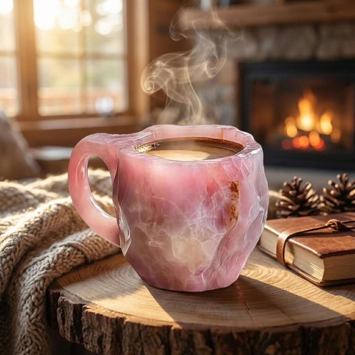 A Kouvr rose quartz mug on a wooden table in a cozy living room, with a warm, glowing fireplace in the background creating a hygge atmosphere.