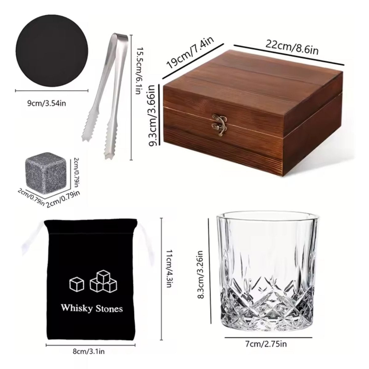 A diagram showing the dimensions of the Kouvr whiskey gift set components, including the wooden box, glass, stone, tongs, and velvet pouch.