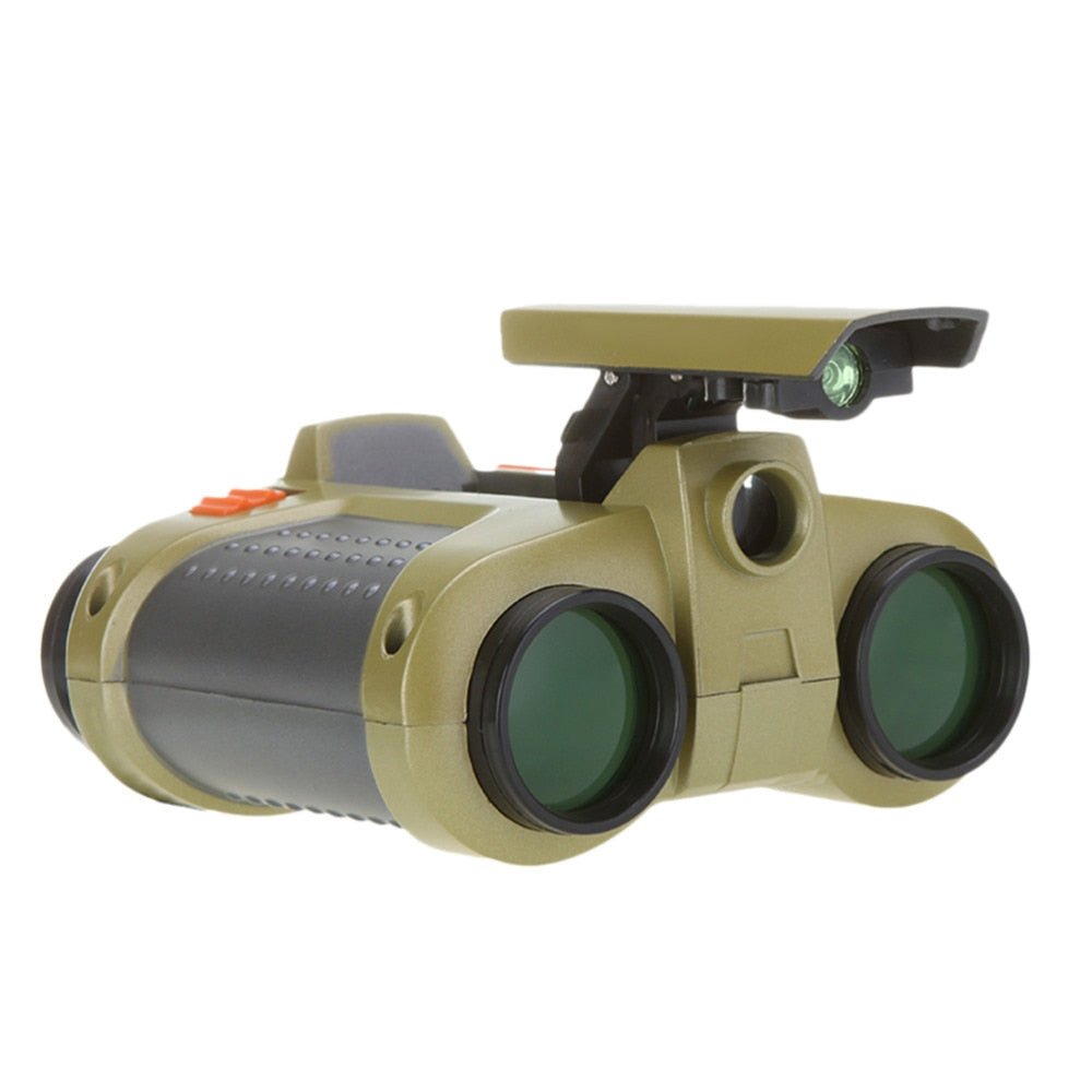 Angled view of durable educational binoculars for boys and girls, designed for bird watching, backyard play, and spy games.
