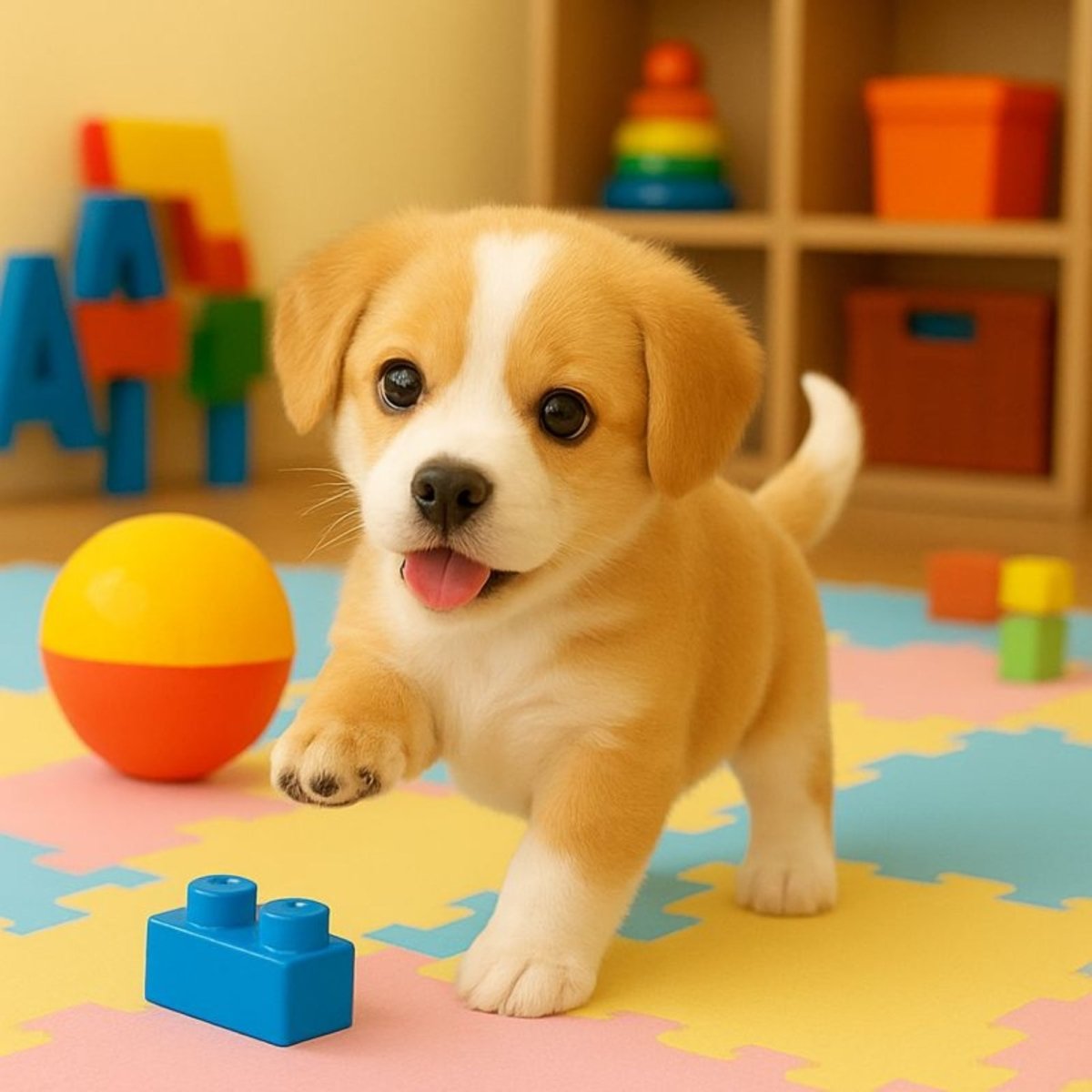 Electronic pet dog toy playing with colorful building blocks on a play mat, demonstrating lifelike movement and balance.