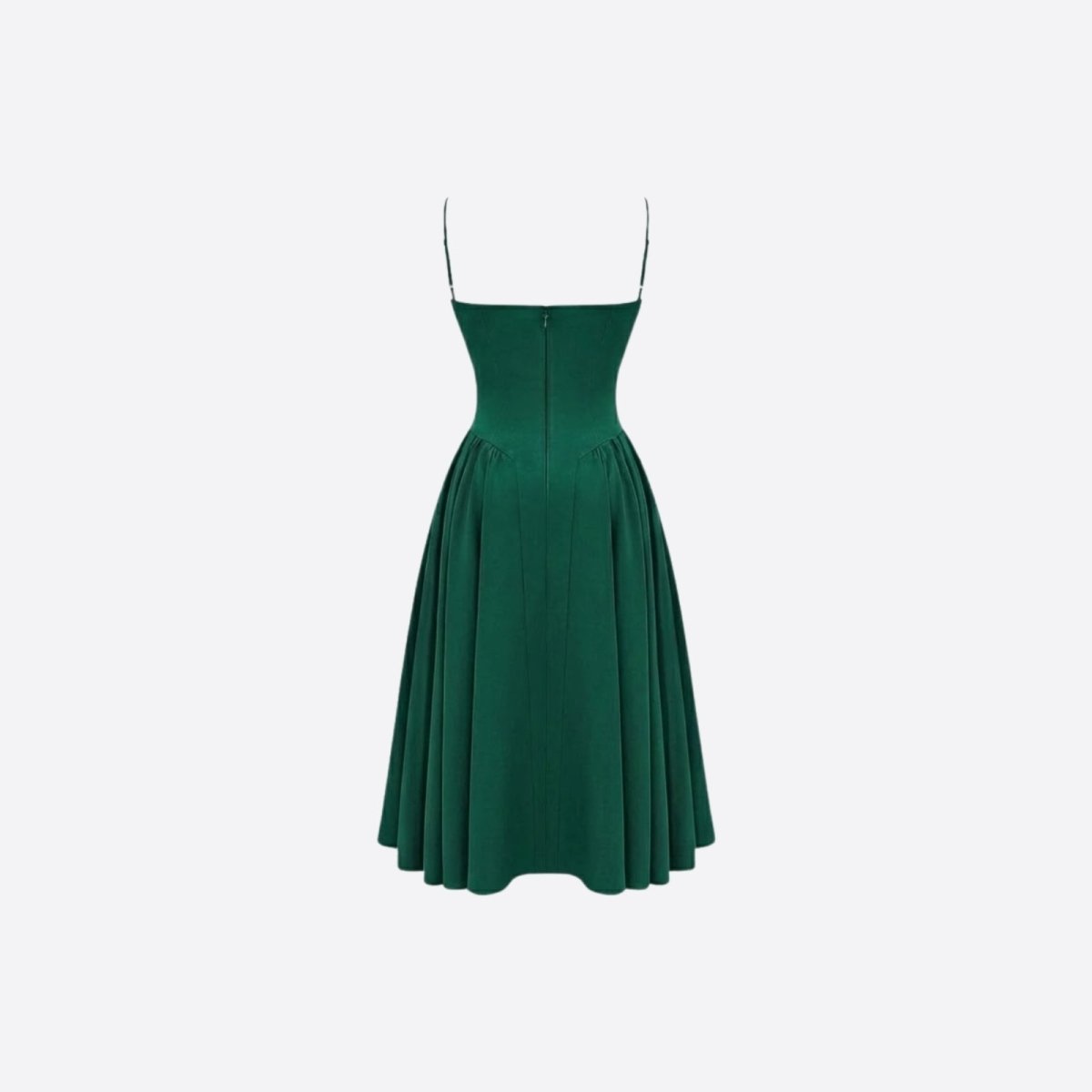 Studio product shot of the back of an emerald green spaghetti strap midi dress, showing the zipper and fitted bodice construction.