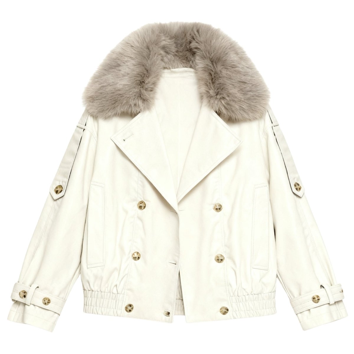 Detail shot of the plush, detachable faux fur collar on the Kouvr Avenly Trench Jacket.