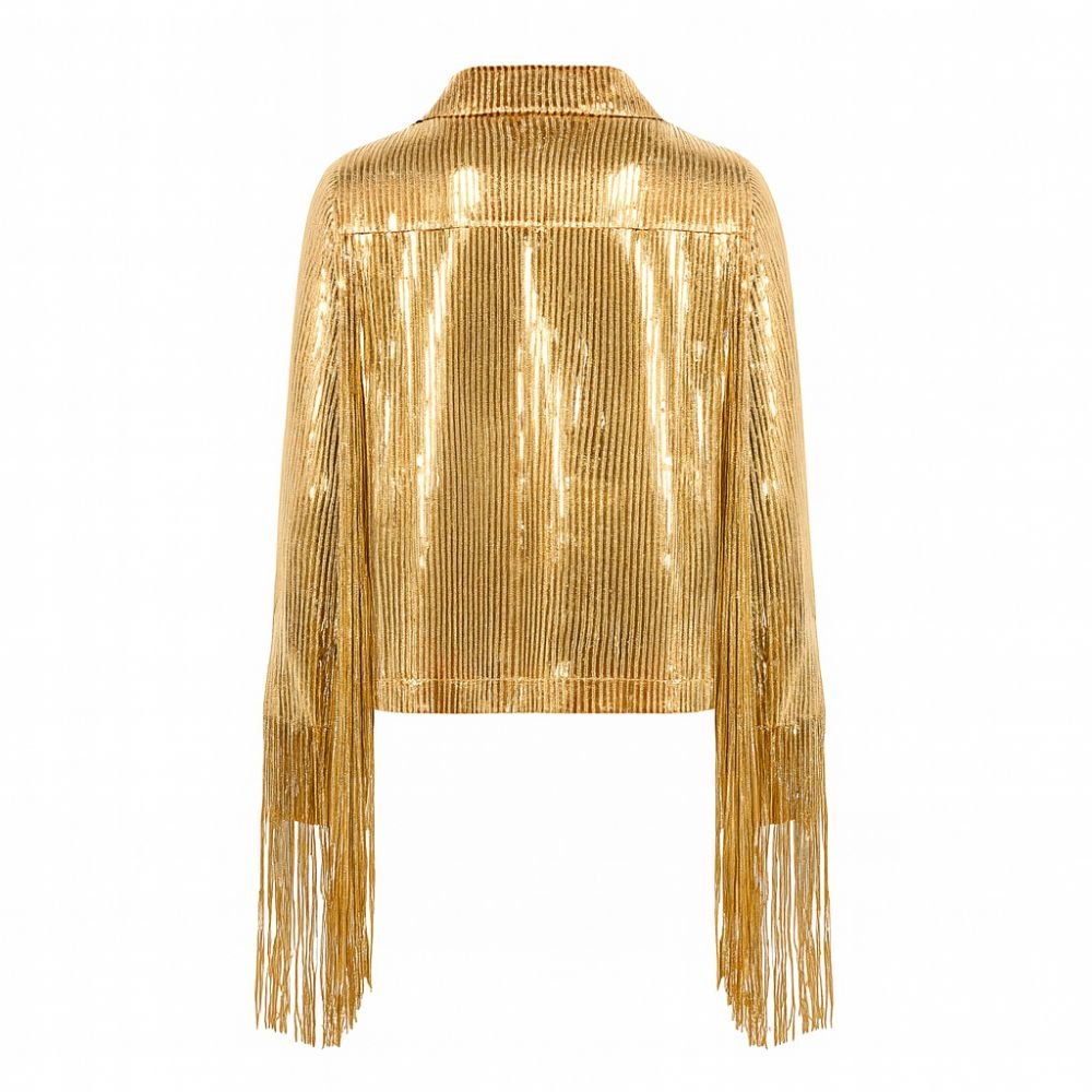Kouvr Lumière gold sequin fringe jacket for women | Western tinsel statement jacket for festival and concert outfits