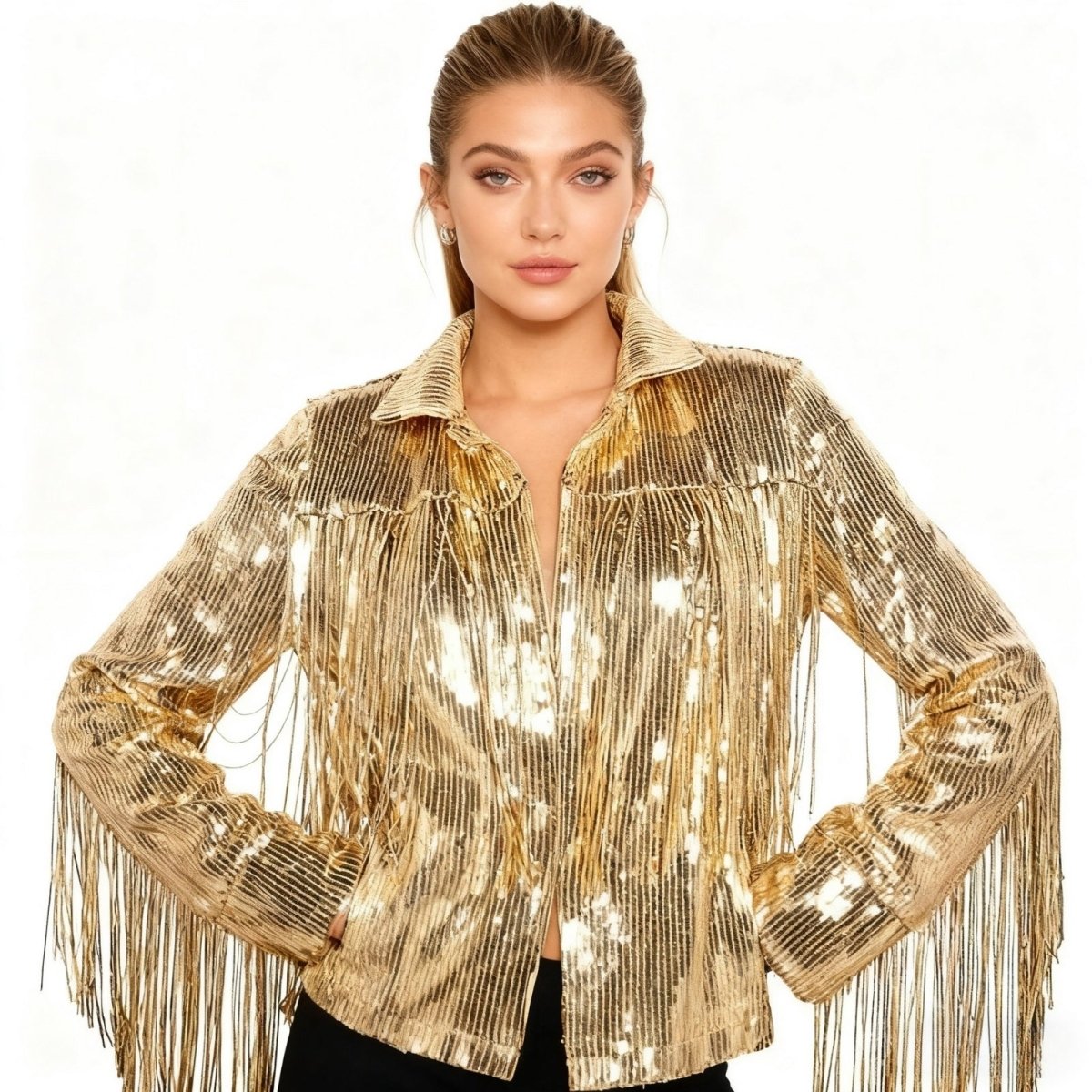 Kouvr Lumière gold sequin fringe jacket for women | Western tinsel statement jacket for festival and concert outfits