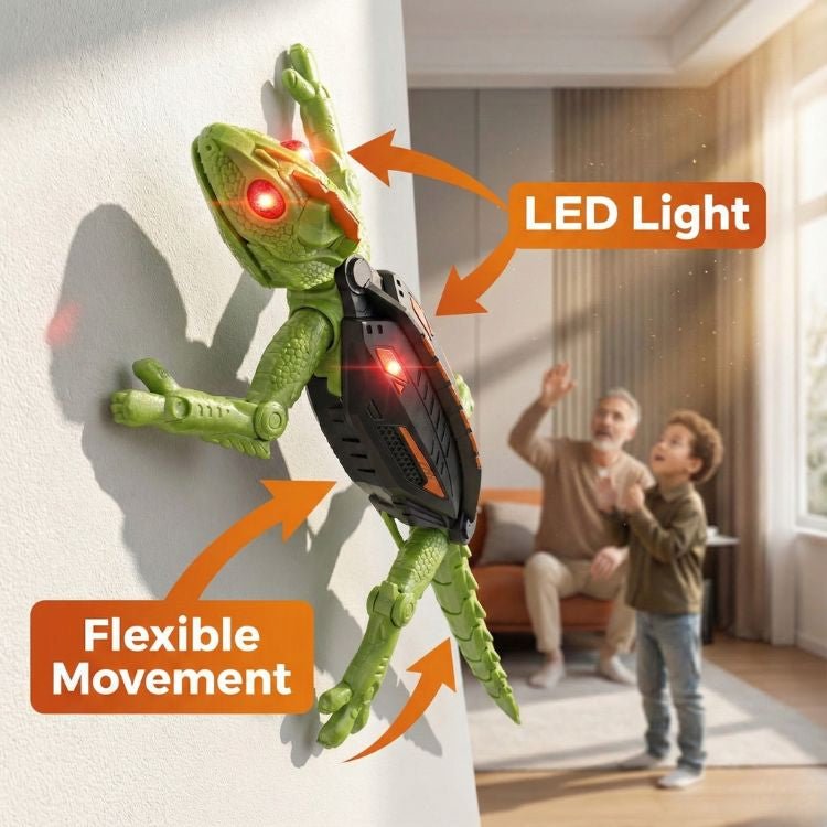 A close-up of a green remote control wall crawler toy on a white wall, showing its glowing red LED eyes and flexible leg joints.