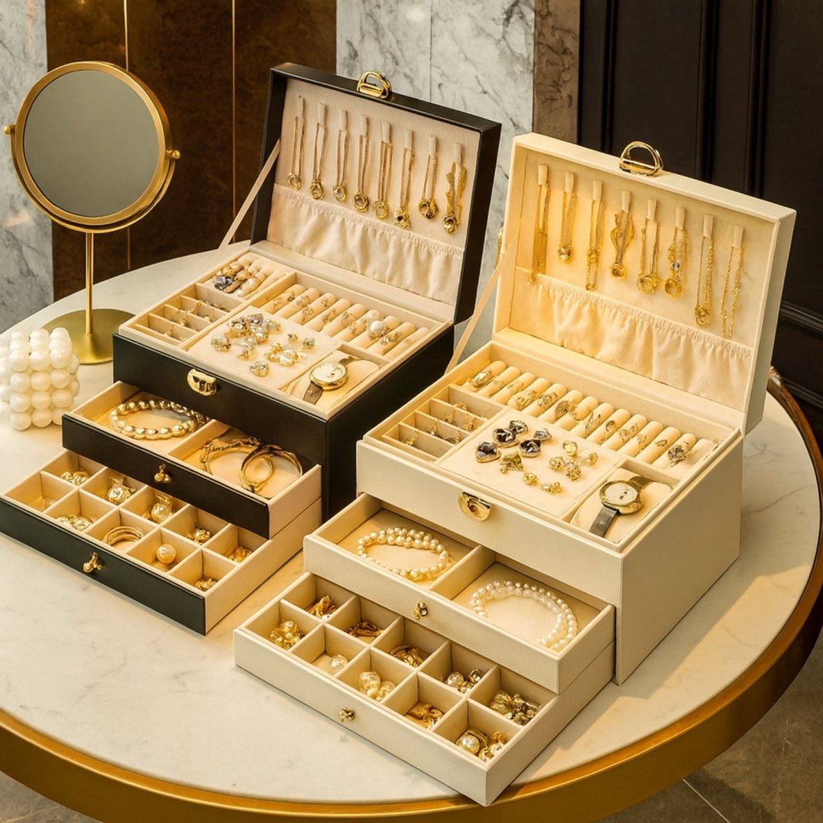 Side-by-side comparison of white and green large capacity jewelry organizers with all drawers open and filled with accessories.