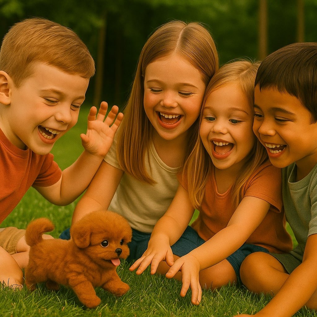 Four diverse, smiling children gathered together, holding a small, realistic brown toy poodle puppy in the center.