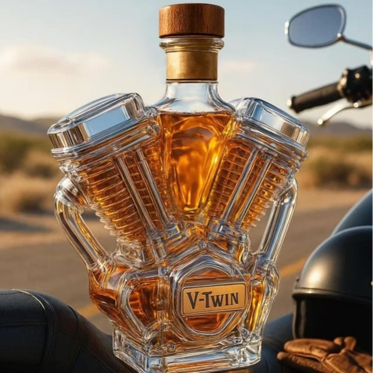 A clear, front-facing studio shot of the V-Twin Engine Whiskey Decanter, showcasing its intricate glass details and wooden stopper.