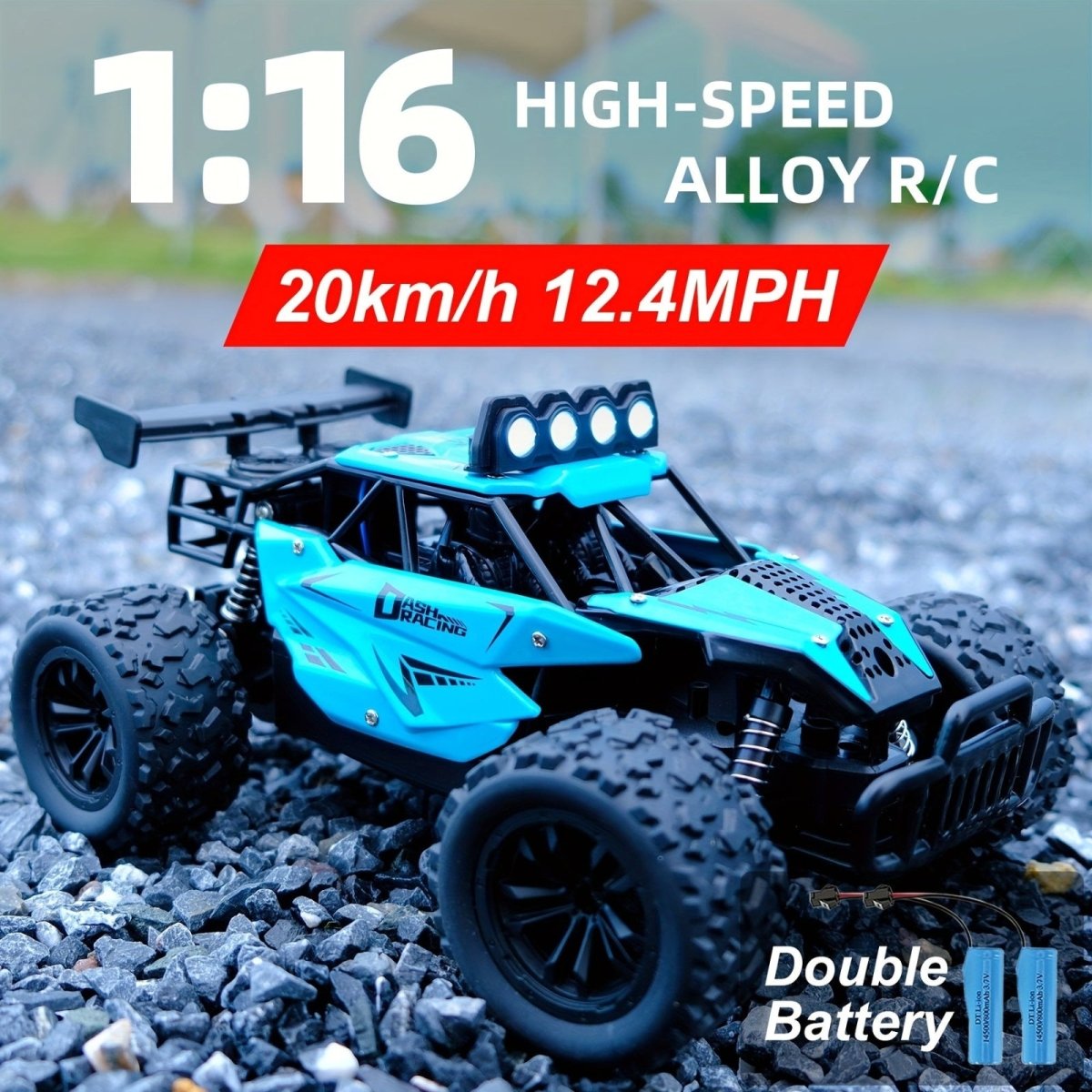Promotional image of the blue Dash Racing RC car on a gravel surface with text overlay stating '1:16 HIGH-SPEED ALLOY R/C', '20km/h 12.4MPH', and showing the two included batteries.