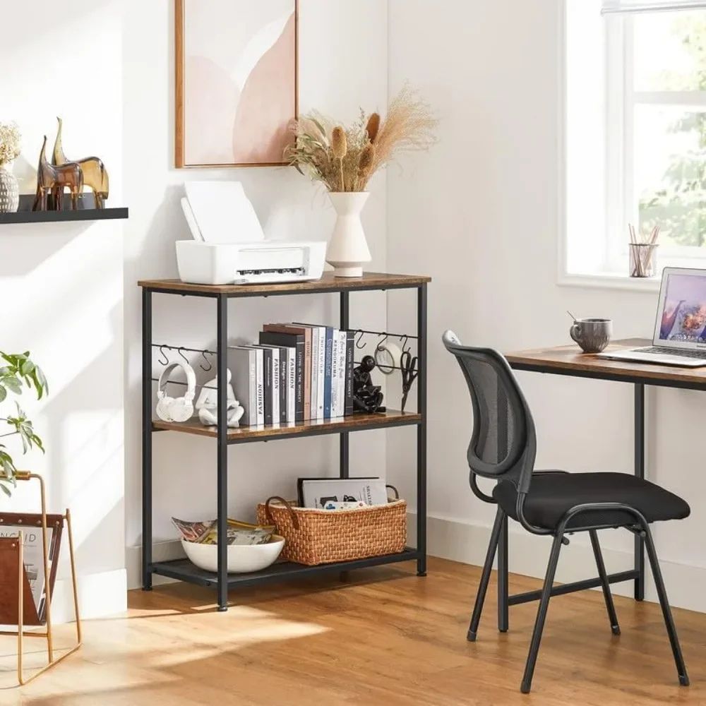 Rustic wood and metal baker's rack used as a printer stand in a home office