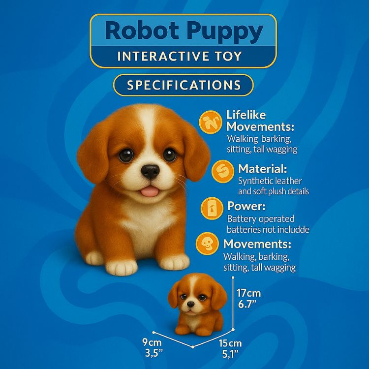 Product specifications chart for the interactive robot puppy detailing its size (17cm), battery power requirements, synthetic plush material, and lifelike movements.