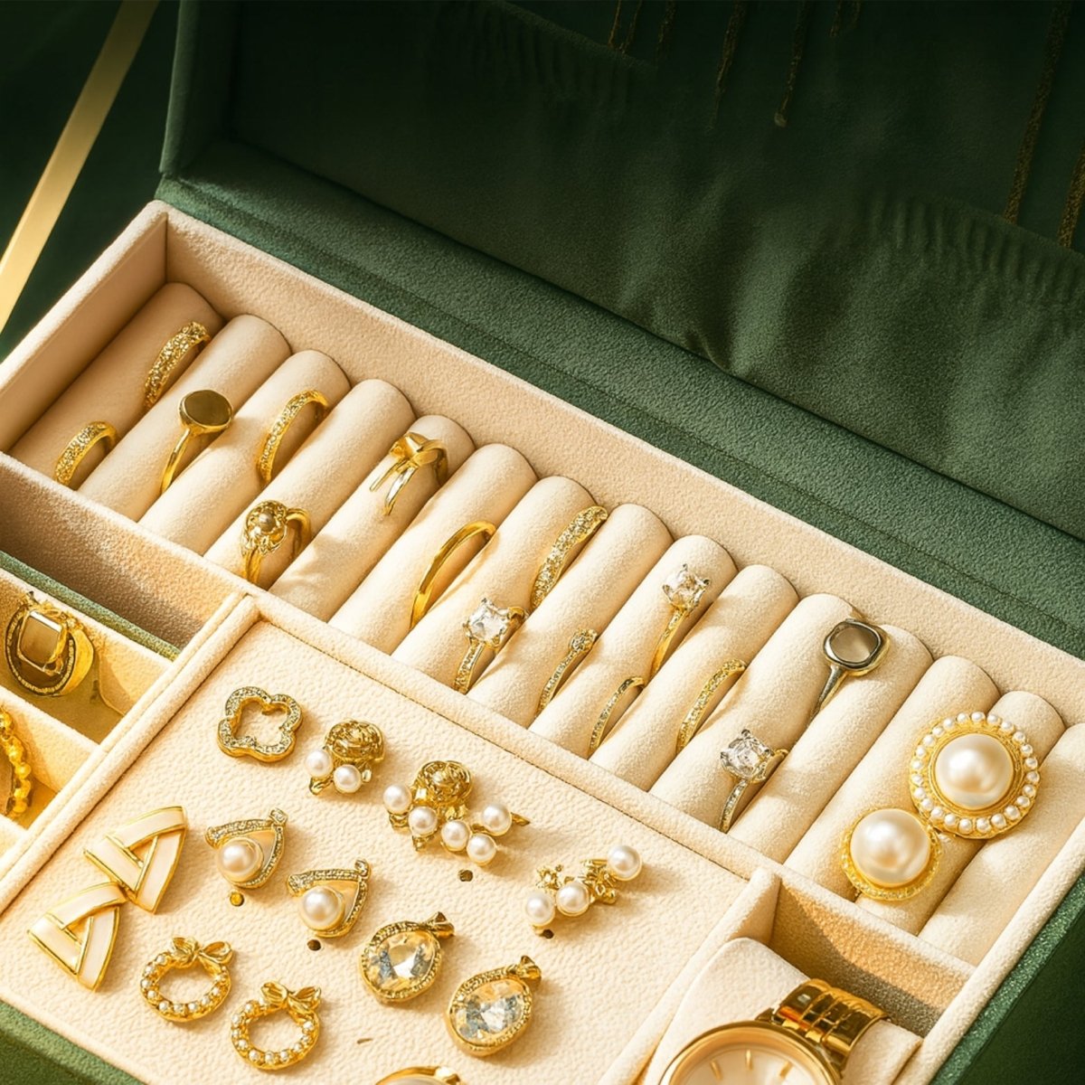 Close-up detail of soft velvet interior lining showing ring rolls and stud earring organizer plate filled with gold jewelry.