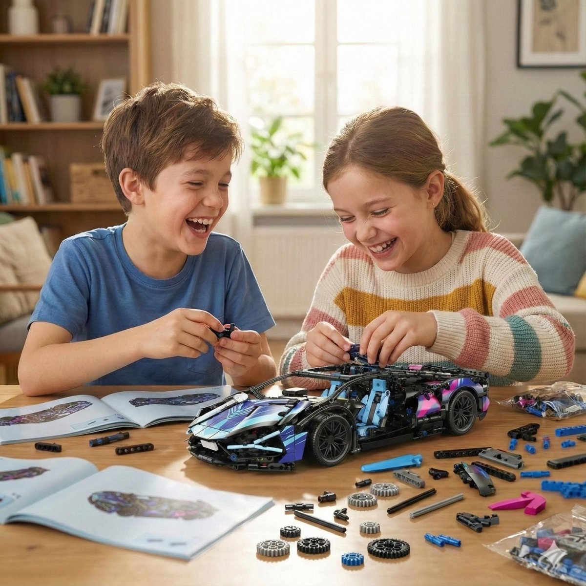 A smiling boy and girl work together at a table to assemble the Kouvr technic-style remote control car, showing a fun family activity.