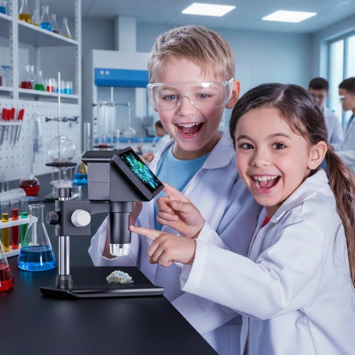 A boy and a girl excitedly pointing at the screen of a Kouvr digital microscope as they examine a rock together in a science lab setting.
