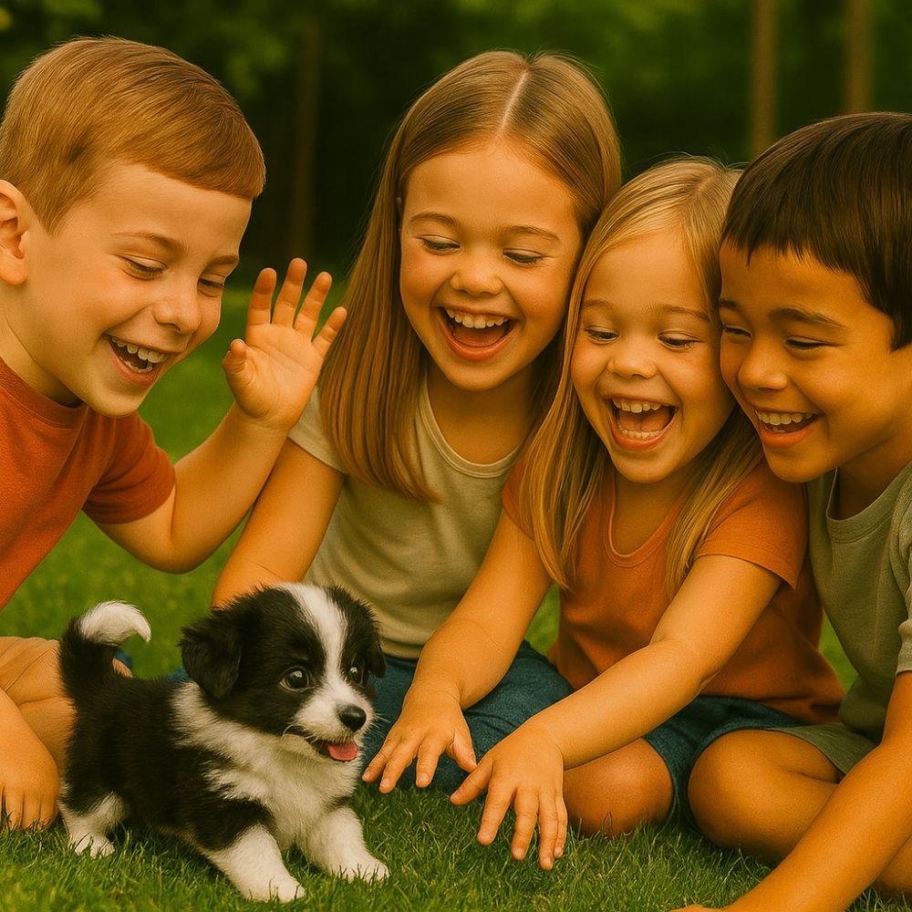 Group of four diverse children playing on grass with a small black and white electronic robot dog, smiling and interacting with the toy.