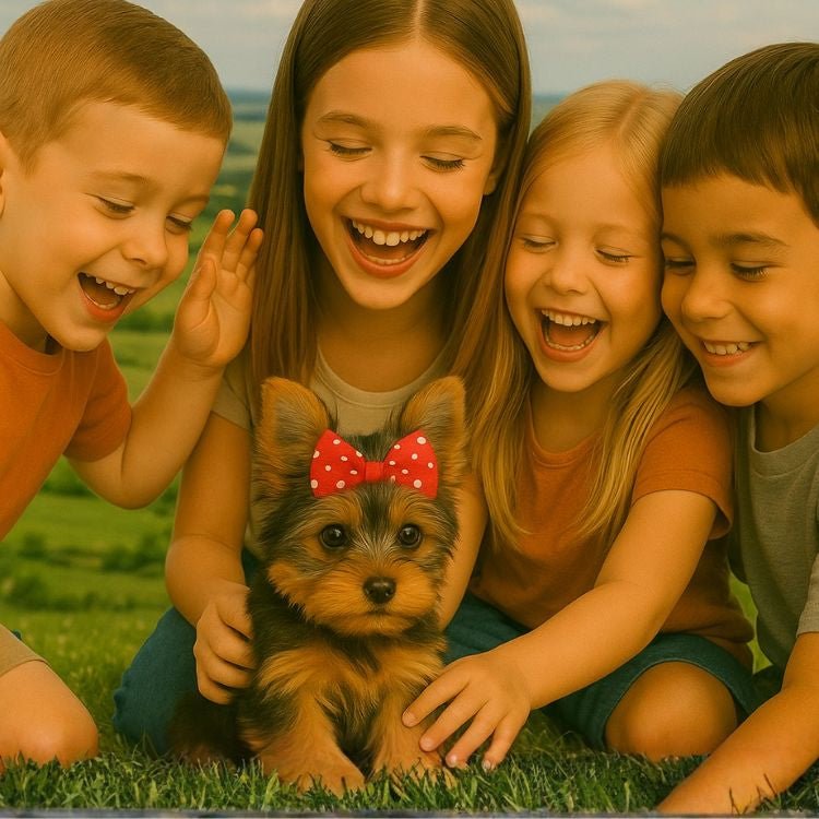 Group of happy children playing with a lifelike electronic pet dog on the grass, showing the toy is safe and fun for kids.