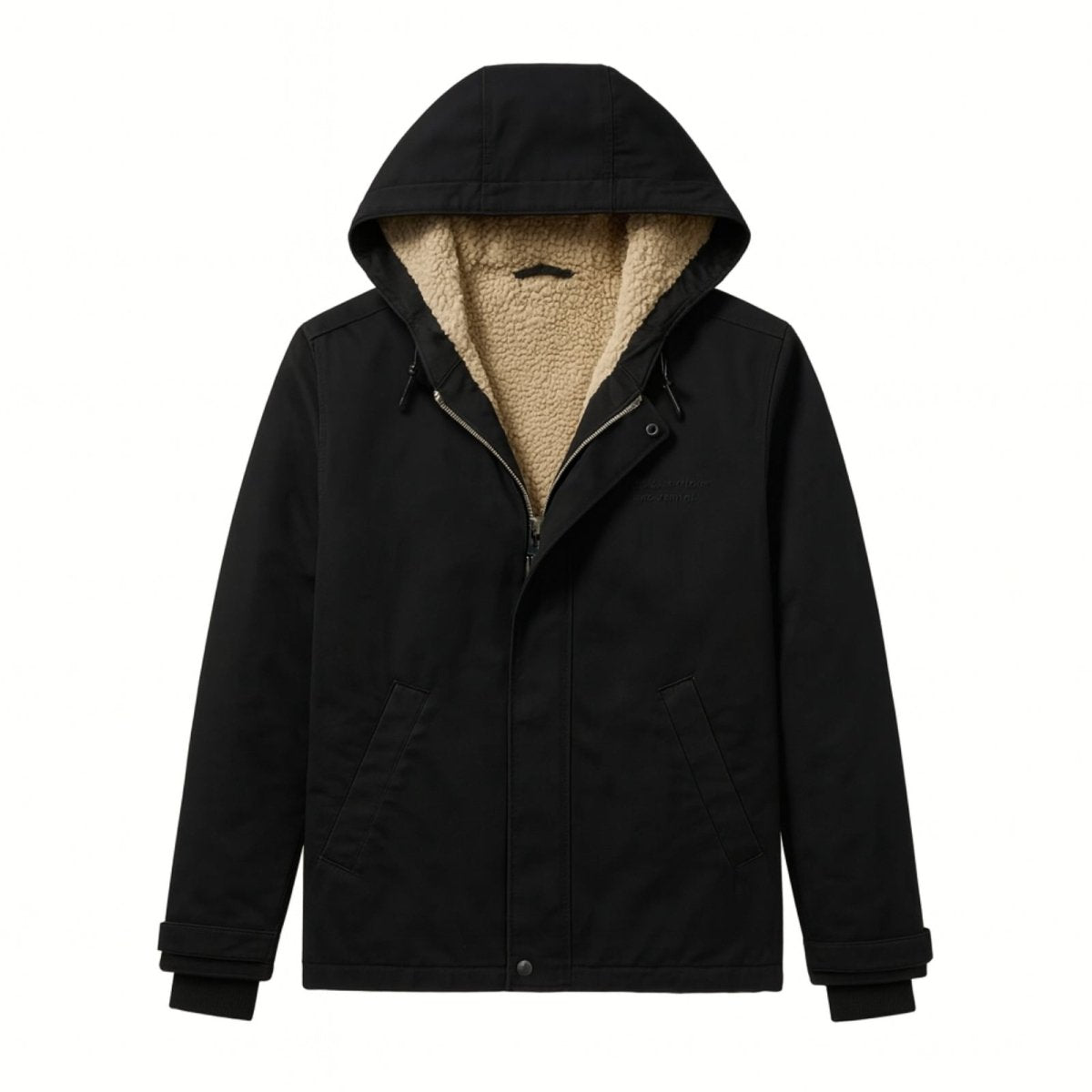 Flat lay of the Kouvr Honovi black hooded jacket showing the plush sherpa fleece lining, zipper, and snap buttons.