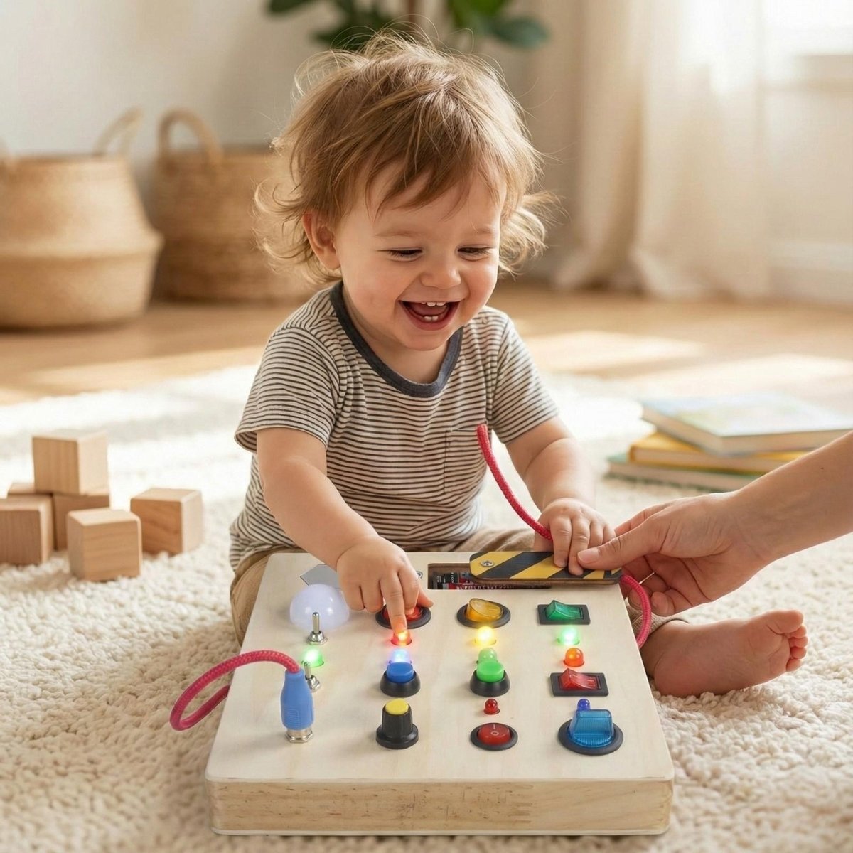 A joyful toddler sits on the floor pressing a red button on a wooden sensory busy board, causing a red LED light to turn on