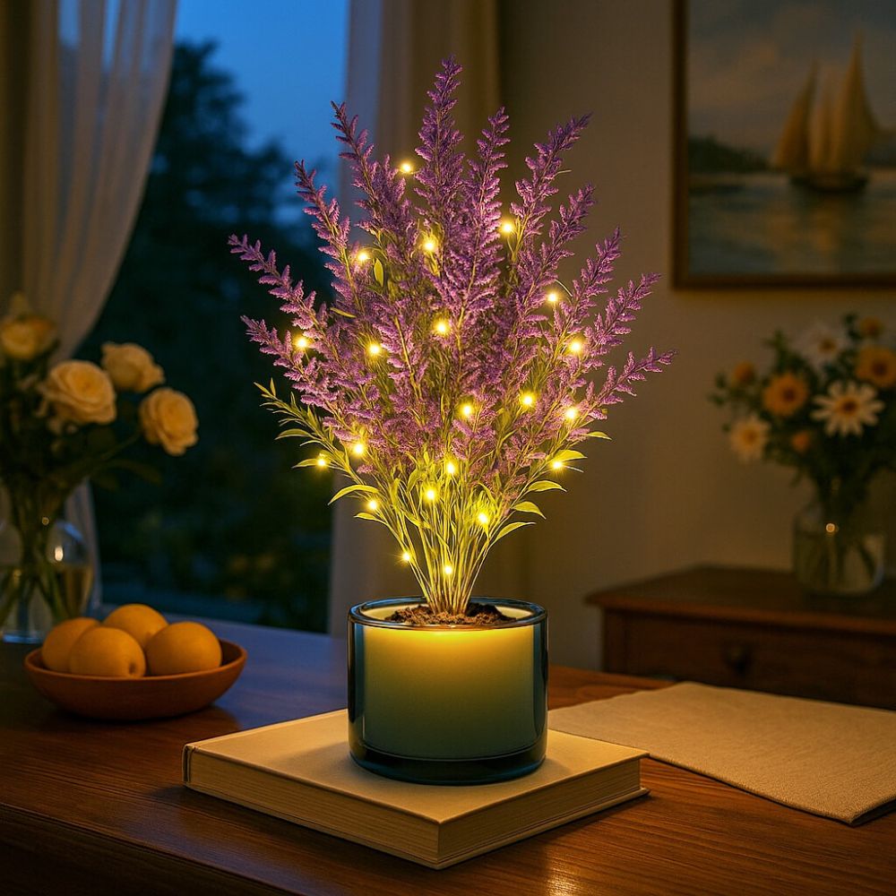 Kouvr Twilight Blossom Lamp with warm fairy lights glowing on a wooden nightstand