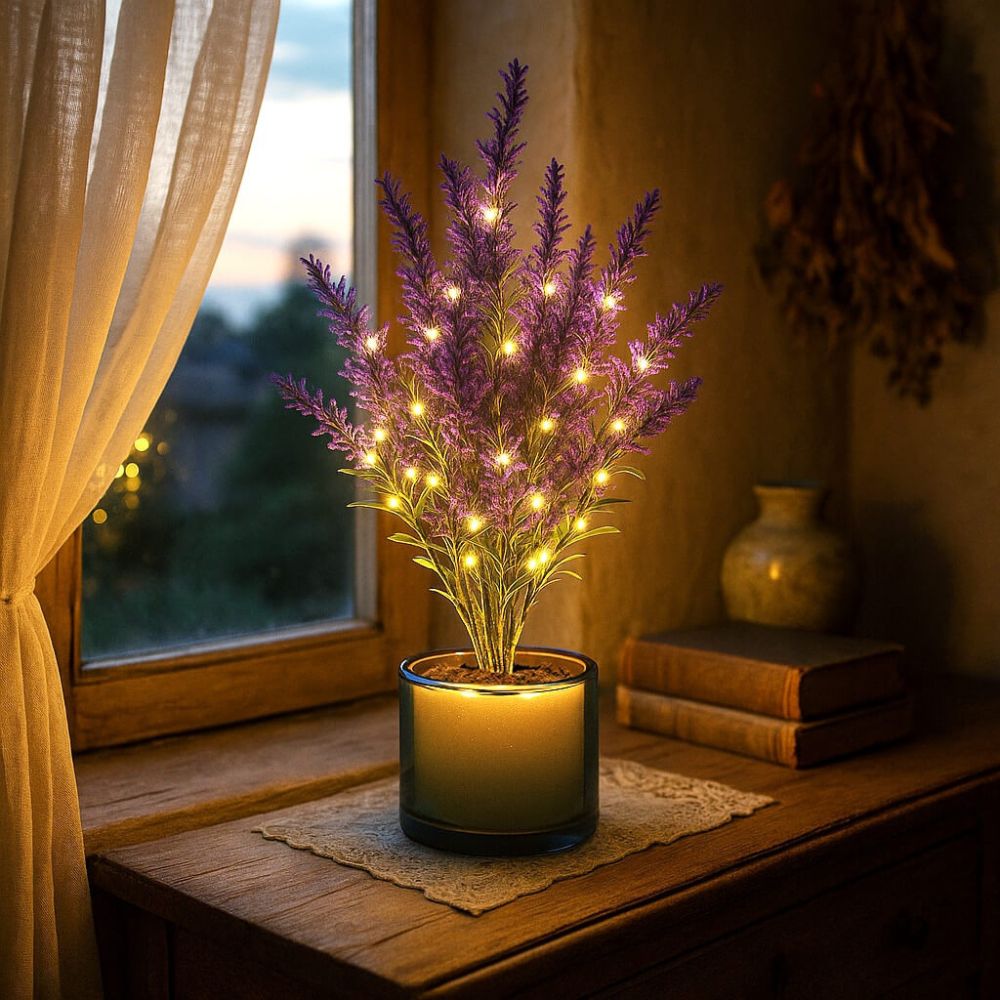 Kouvr Twilight Blossom Lamp with warm fairy lights glowing on a wooden nightstand