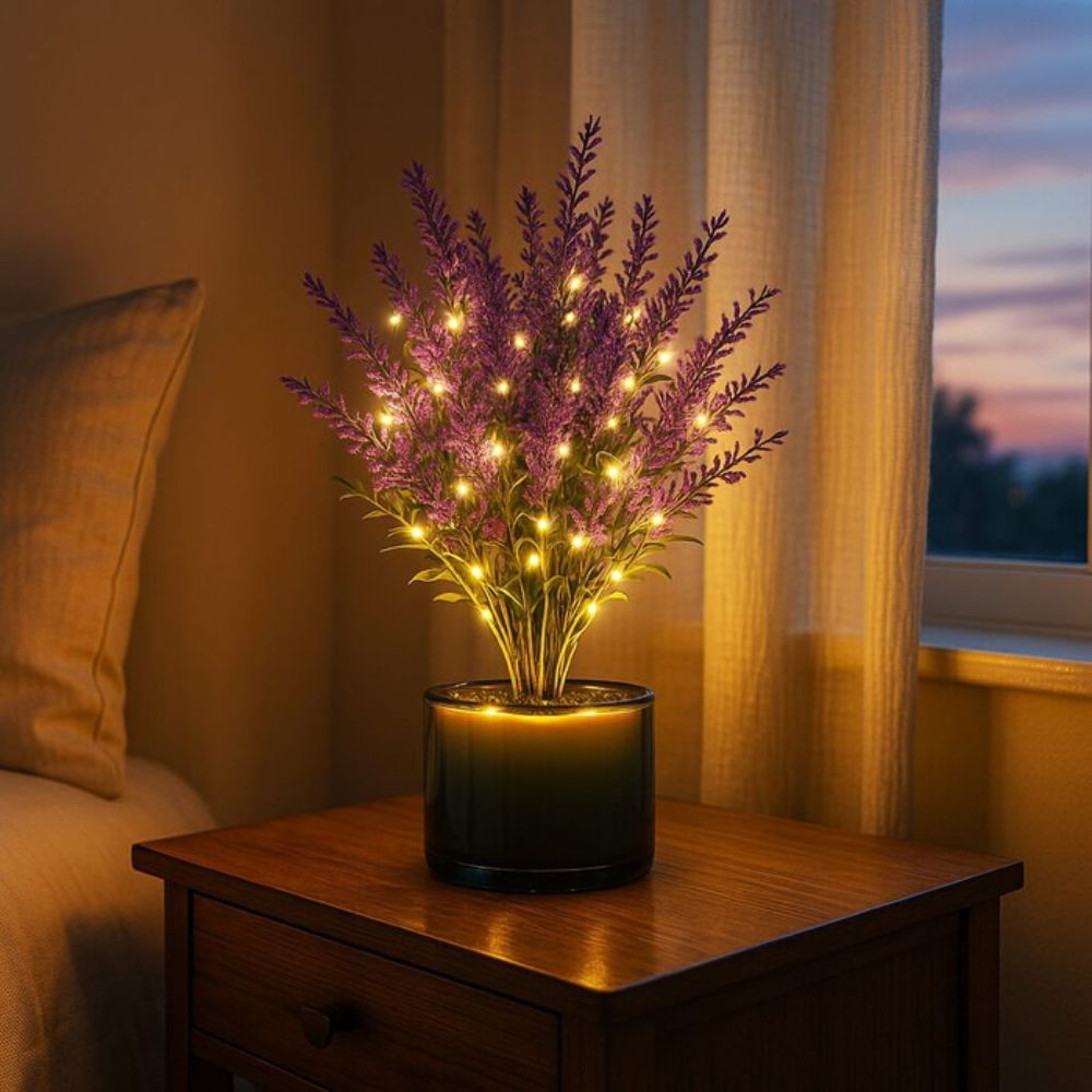 Kouvr Twilight Blossom Lamp with warm fairy lights glowing on a wooden nightstand
