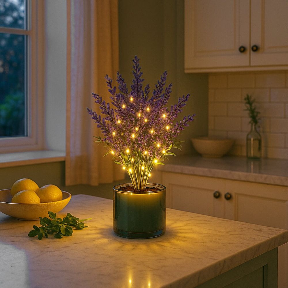 Kouvr Twilight Blossom Lamp with warm fairy lights glowing on a wooden nightstand