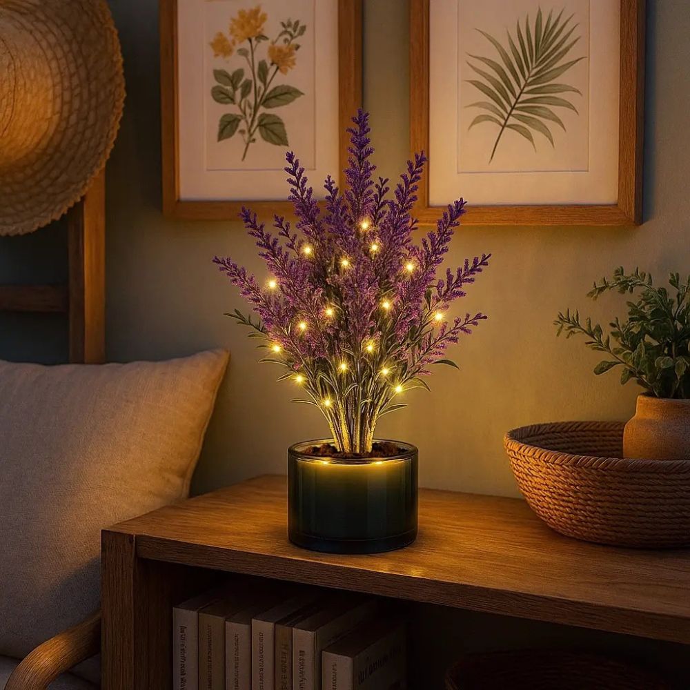 Kouvr Twilight Blossom Lamp with warm fairy lights glowing on a wooden nightstand