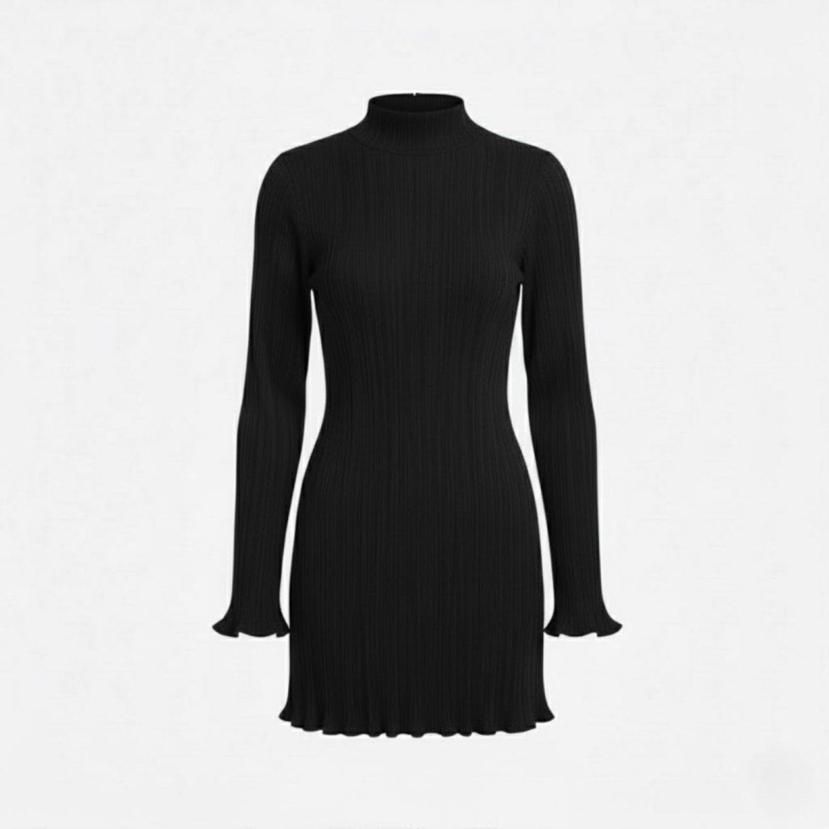 Front product shot of the Kouvr Agathe black ribbed knit long sleeve dress with fluted cuffs and hem on a light grey background.