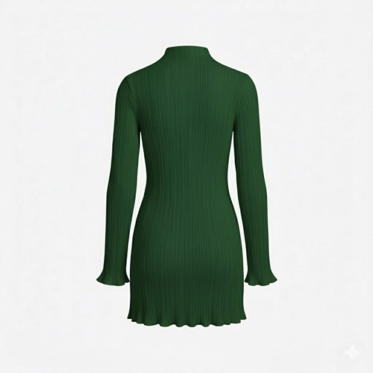 Back view of the Kouvr Agathe green mini sweater dress laid flat against a white background, displaying the full silhouette and texture.