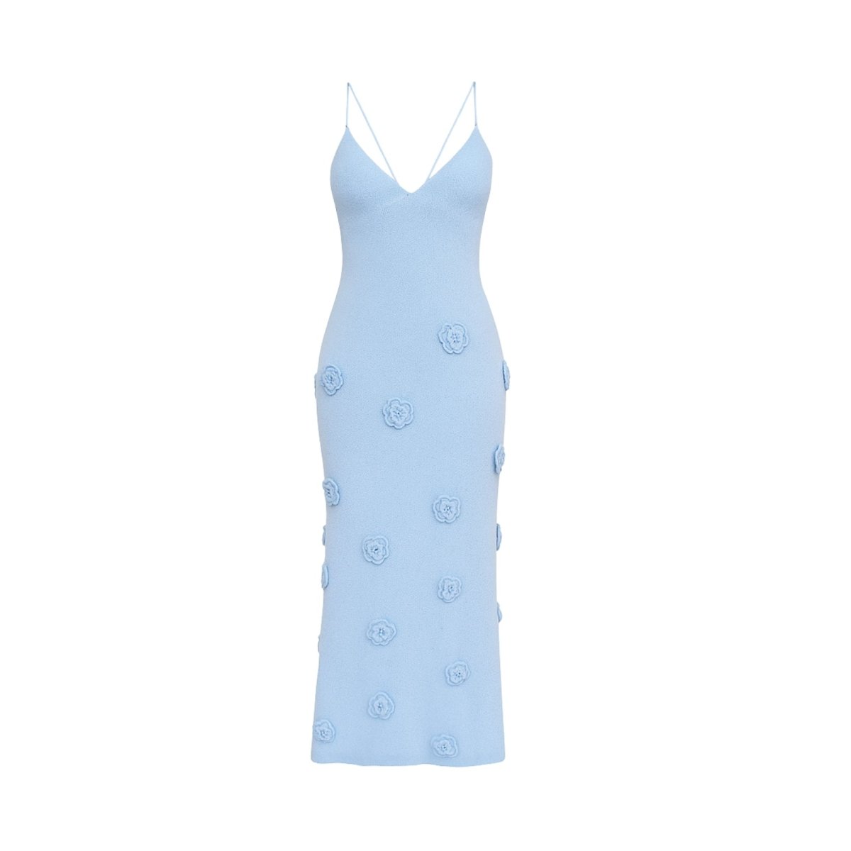 Light blue kouvr dress with floral embellishments on a white background