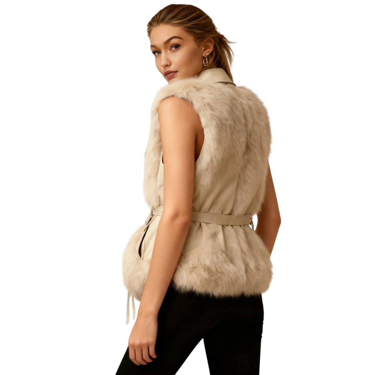 Woman wearing a beige Kouvr fur vest on a white background