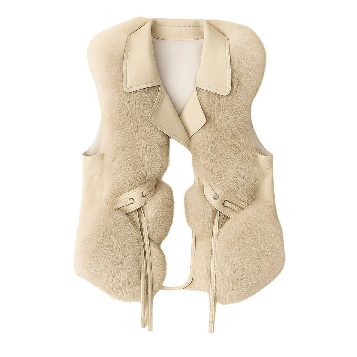 Beige Kouvr fur vest with leather accents on a white background