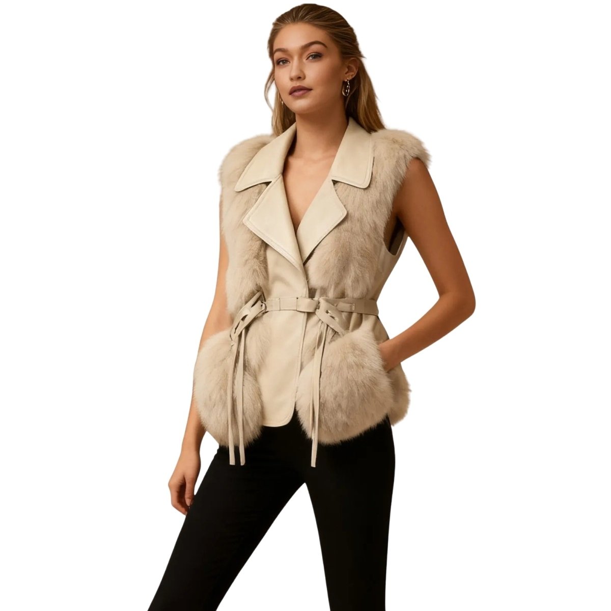 Woman wearing a beige Kouvr fur vest on a white background