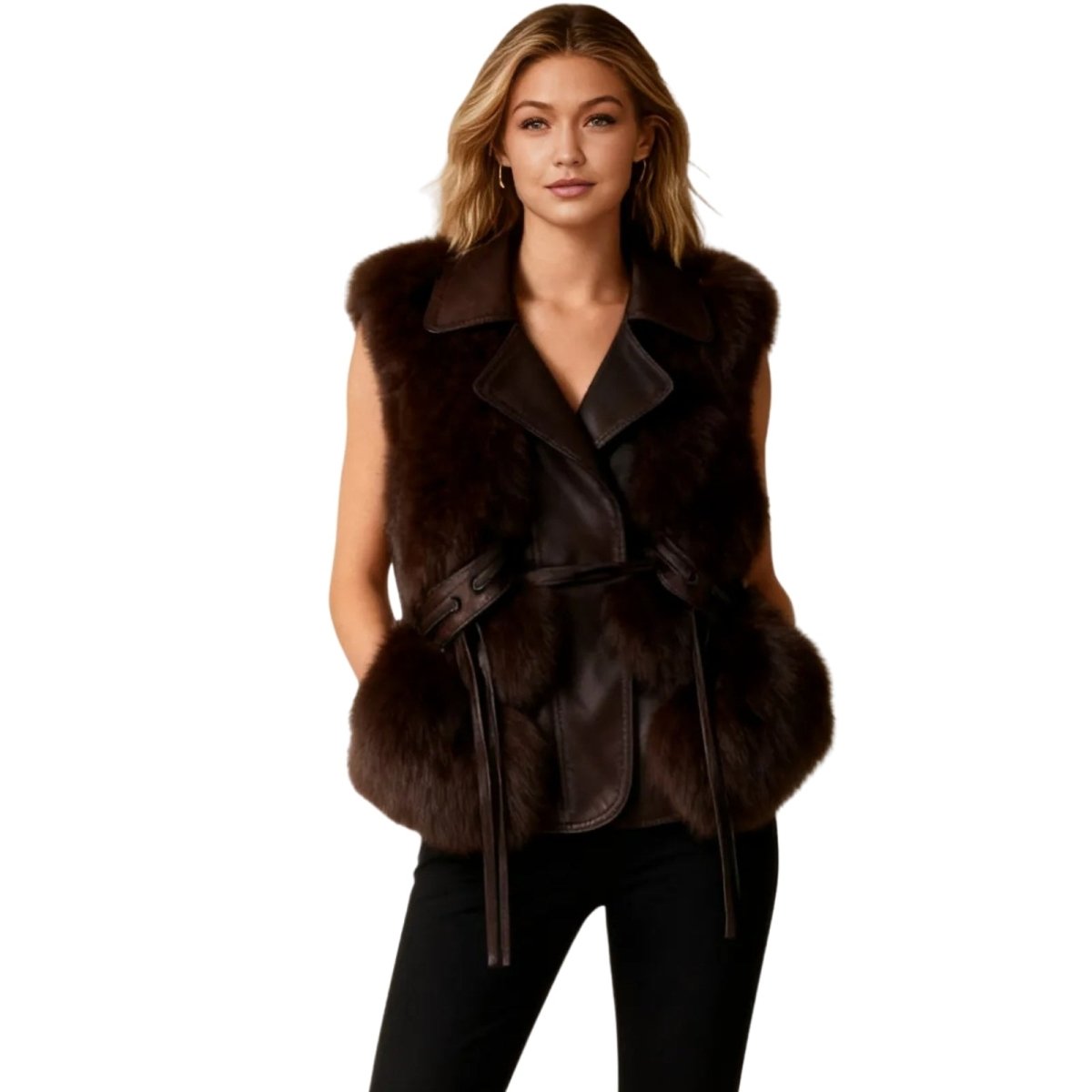 Woman wearing a brown Kouvr fur vest on a white background