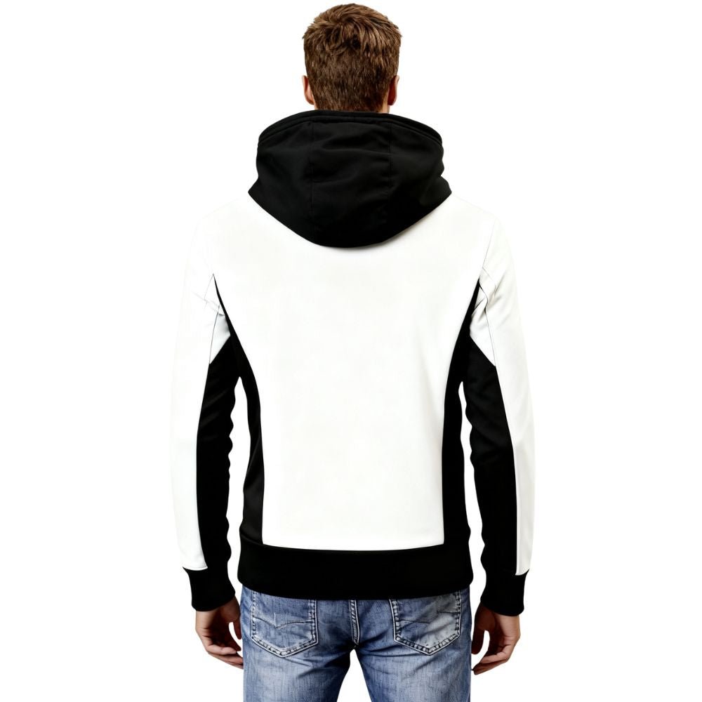Model wearing the Kouvr Altair men's white and black high neck techwear hoodie