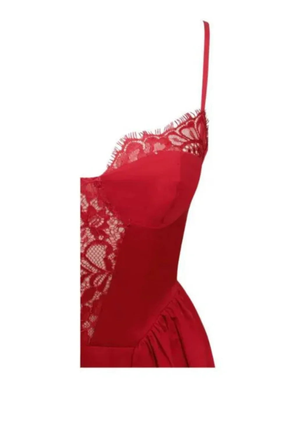 Model wearing Kouvr Amadi red corset midi dress with lace detail and hands in pockets