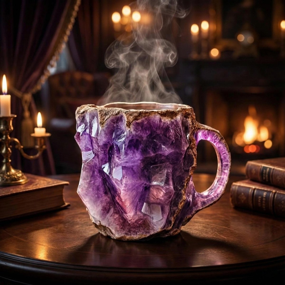 Close-up detail of a unique amethyst coffee mug, highlighting the crystalline structure and the smooth, polished handle.