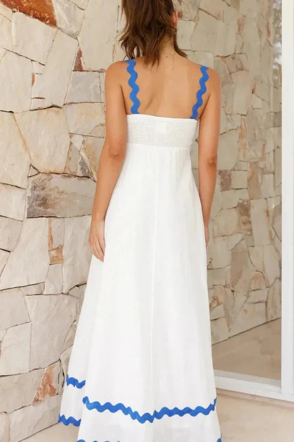 Kouvr Amillia white linen maxi dress with blue scalloped trim from the front