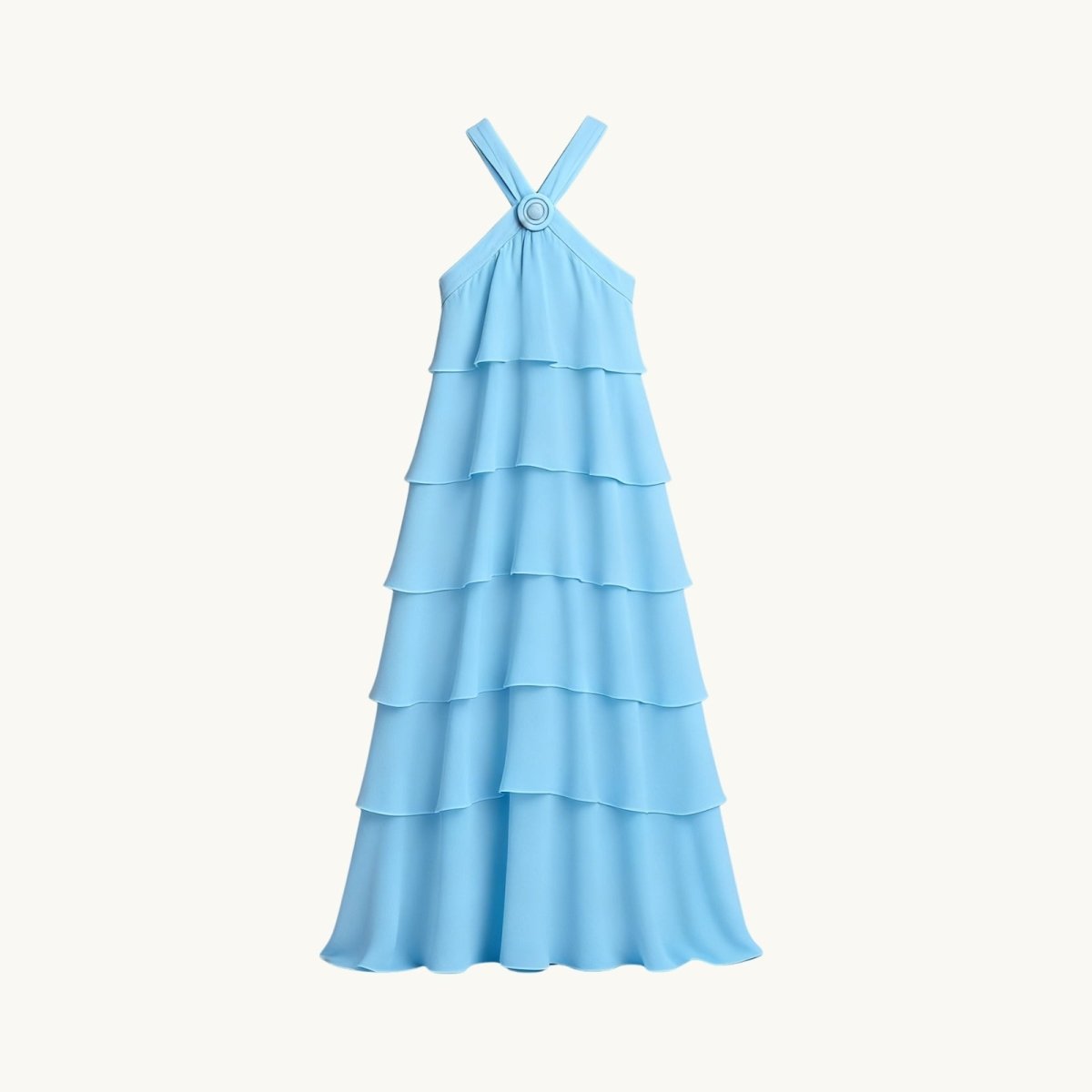 Light blue Kouvr tiered dress with thin straps on a white background