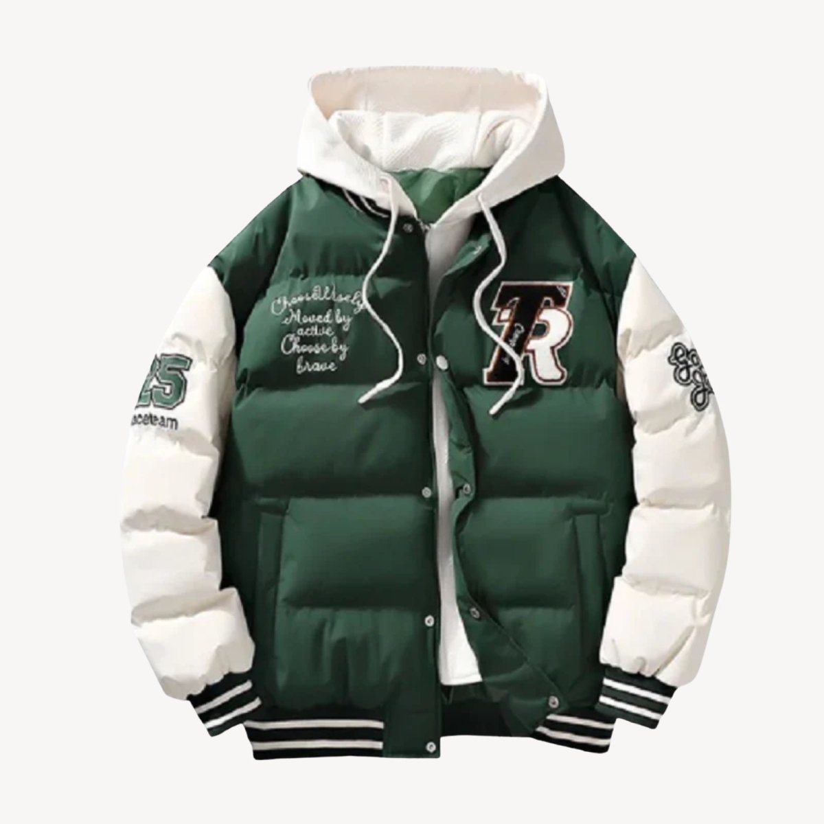 Product shot of the green and white hooded puffer varsity jacket with snap buttons open, showcasing the interior lining and detailed embroidery.