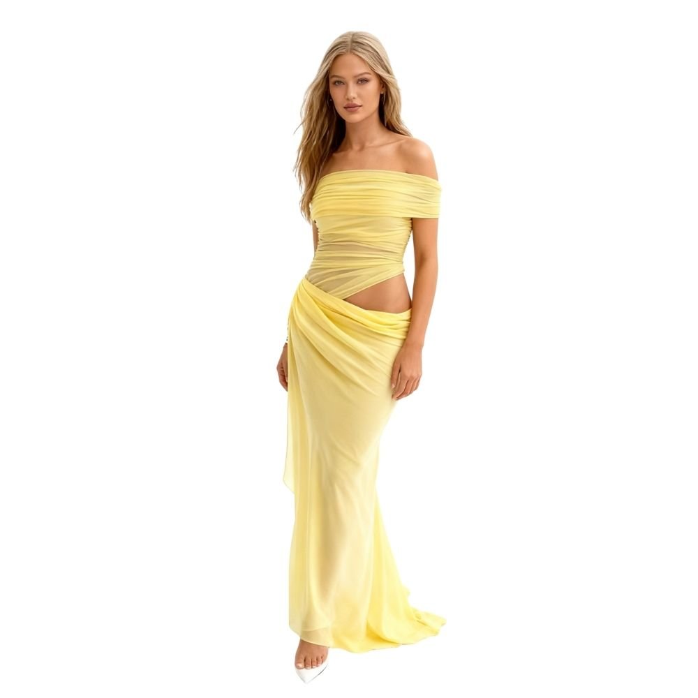 Model wearing the Anita butter yellow off-shoulder draped maxi dress by Kouvr, front view.
