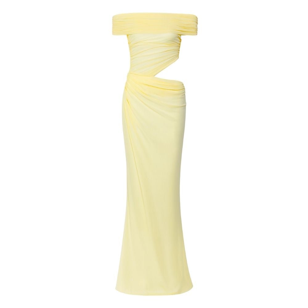 Yellow off-shoulder evening gown on a white background