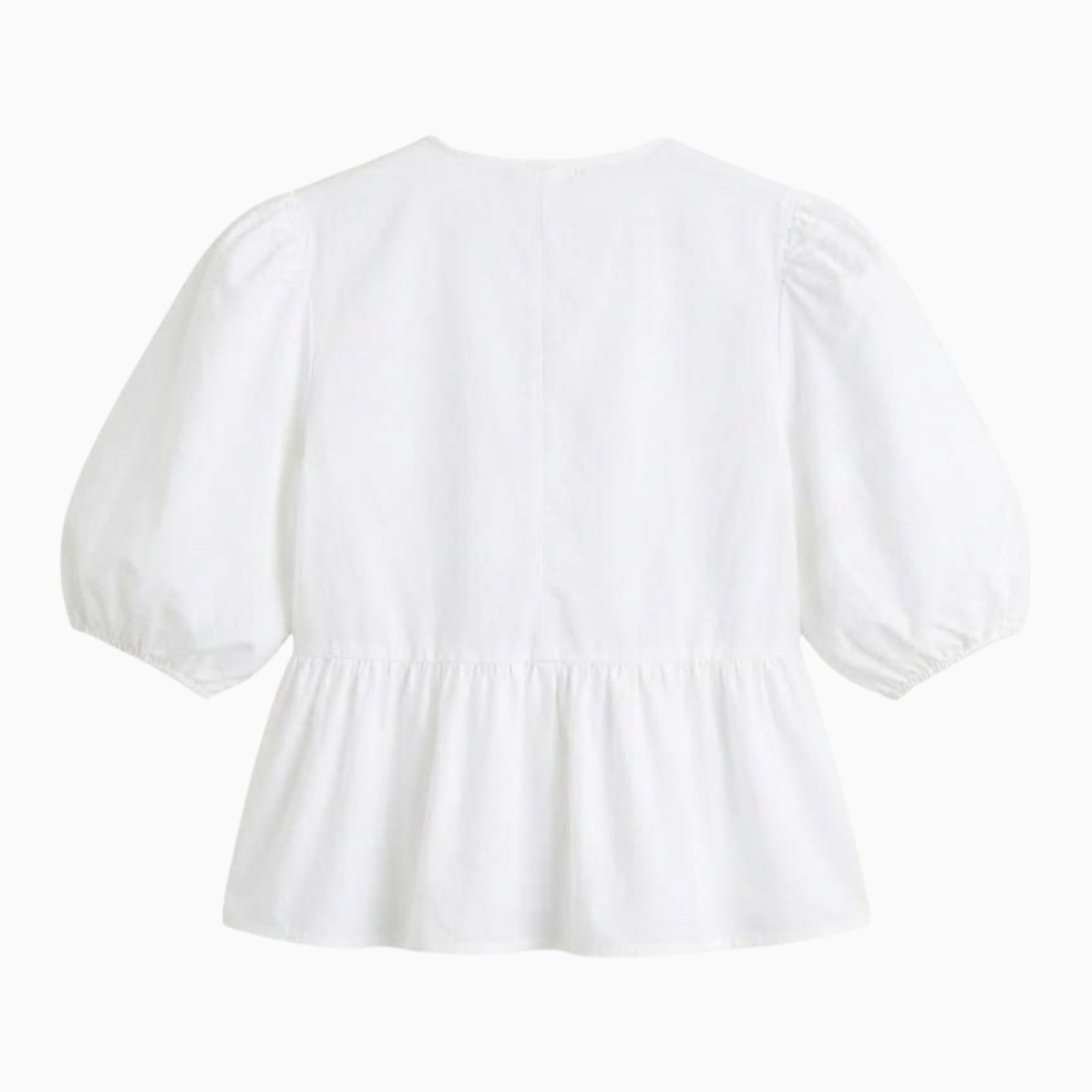 Product shot from the back of the white Kouvr Anne peplum blouse on a white background.