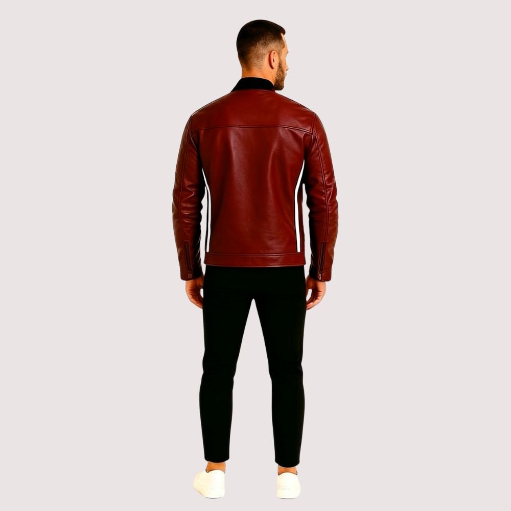 Model wearing the Kouvr men's red leather racing jacket with white arm stripes