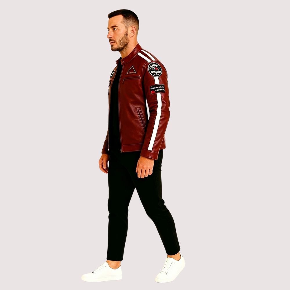 Model wearing the Kouvr men's red leather racing jacket with white arm stripes