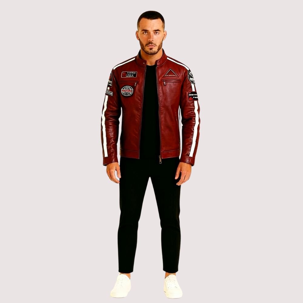 Model wearing the Kouvr men's red leather racing jacket with white arm stripes