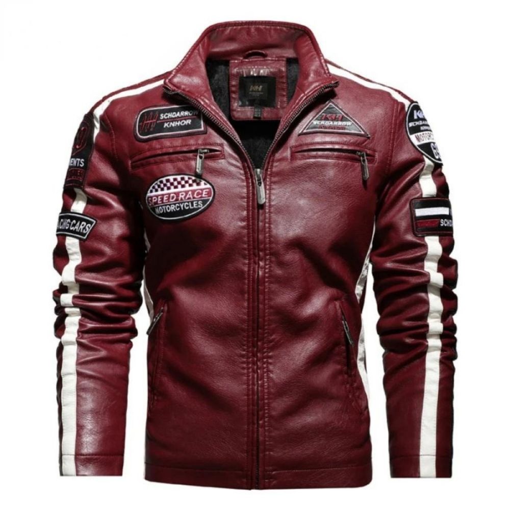 Model wearing the Kouvr men's red leather racing jacket with white arm stripes