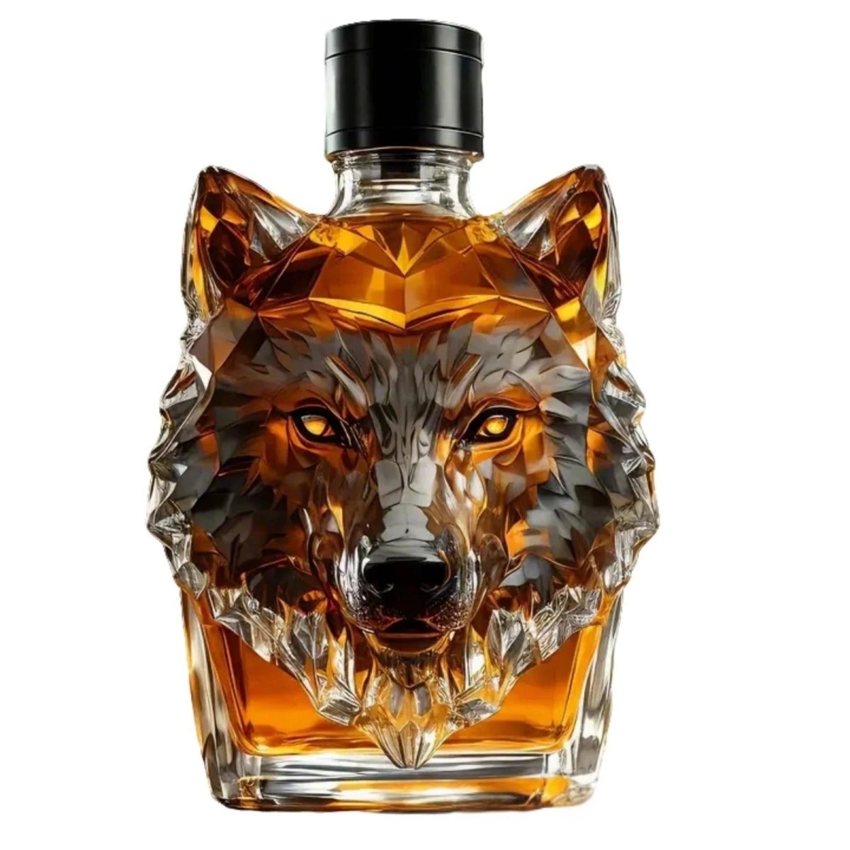 A product photo of the Kouvr Apex Wolf crystal decanter filled with whiskey, isolated against a pure white background for clarity.