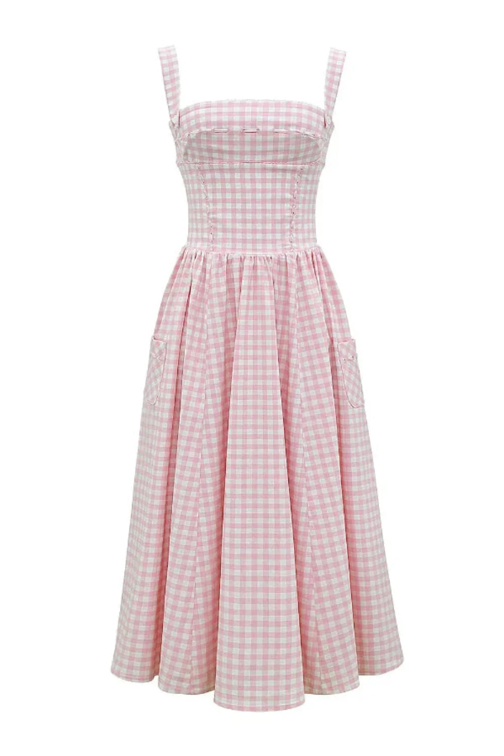 vintage-inspired dress, corset bodice dress, A-line summer dress, pink checkered dress, picnic dress, and romantic dress