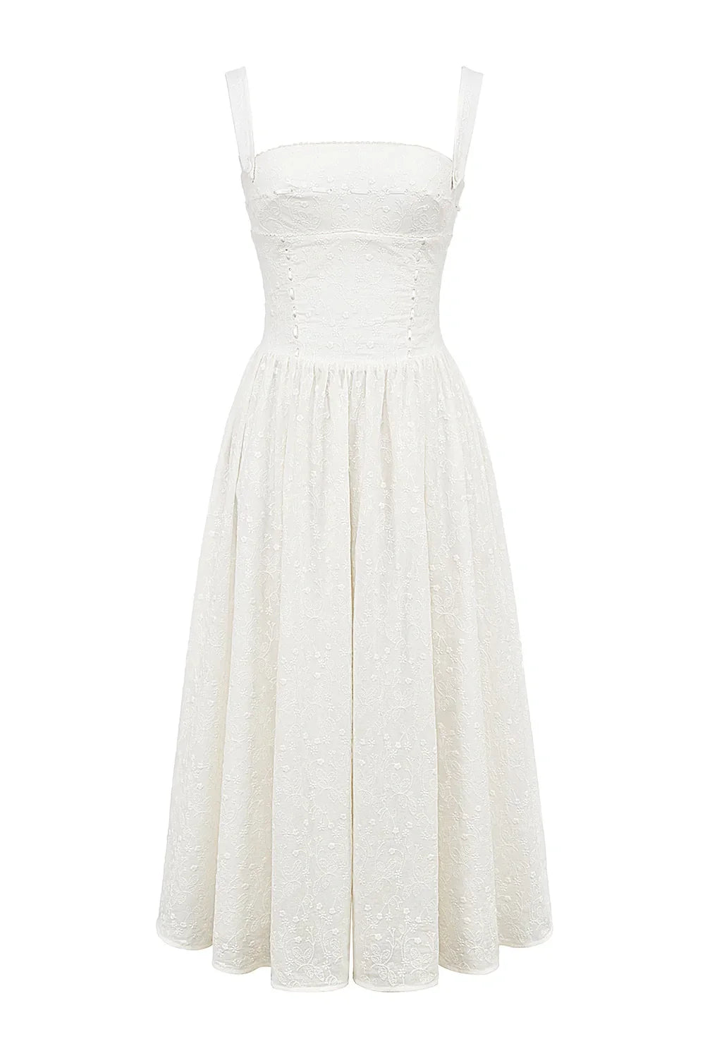 Model wearing Kouvr Apolline white corset midi dress with a square neckline and full A-line skir